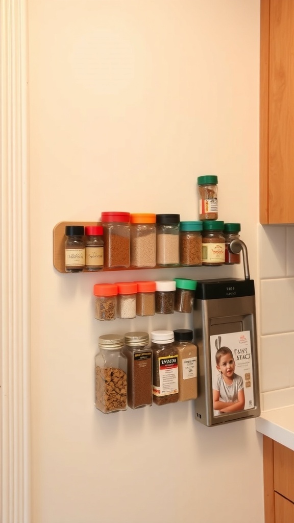 Magnetic strips with spice containers attached on a kitchen wall.