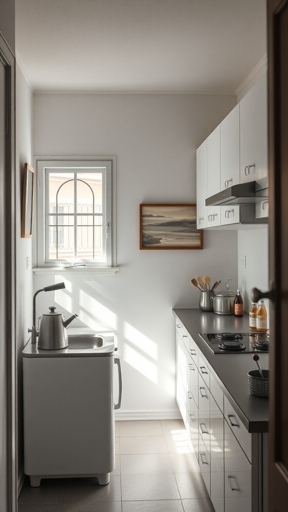 A small kitchen with a window and minimalist decor.