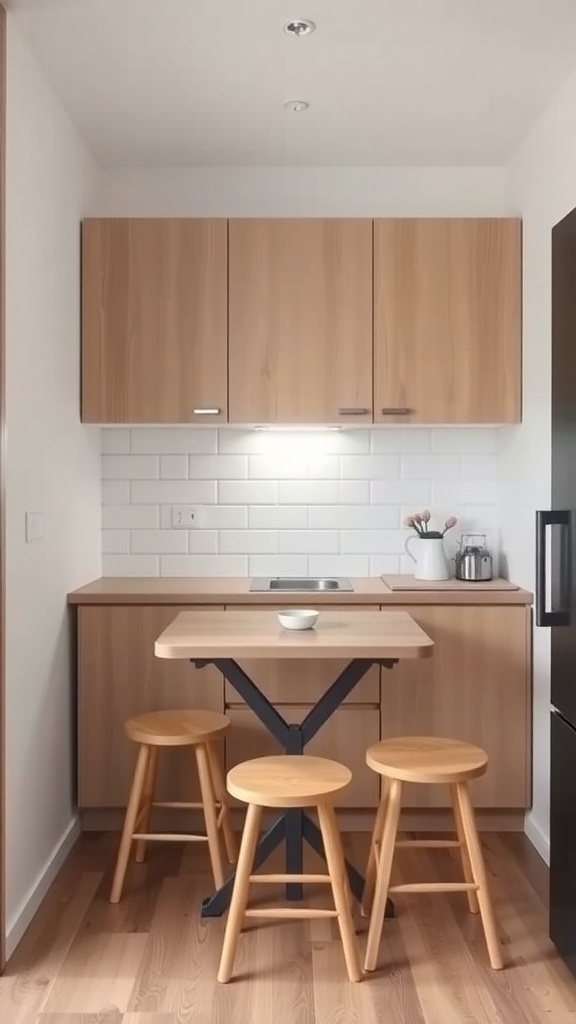 A compact kitchen featuring a multi-functional table and stools.