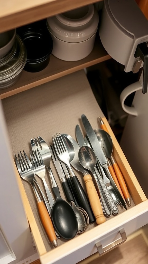 A neatly organized kitchen drawer with various utensils and cutlery.