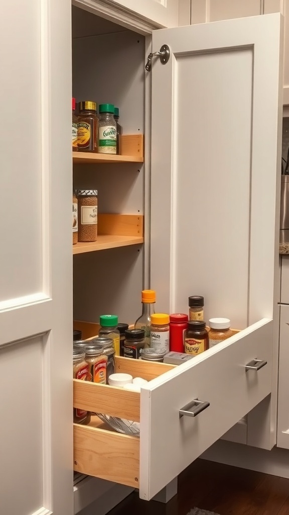 A kitchen cabinet with pull-out drawers filled with spices and condiments.