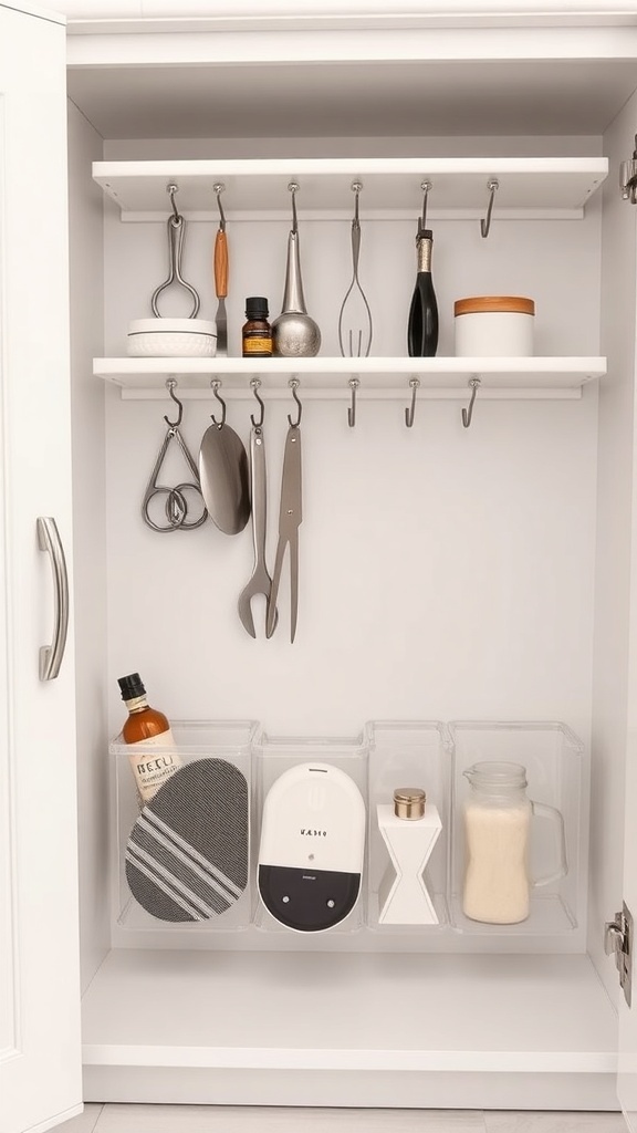 Organized kitchen cabinet with hooks and clear containers