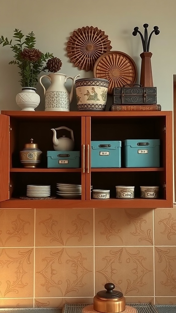 Decorative items and storage boxes placed above kitchen cabinets.