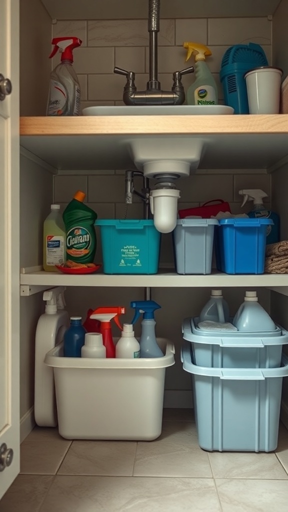 Organized under-sink storage with cleaning supplies in bins.