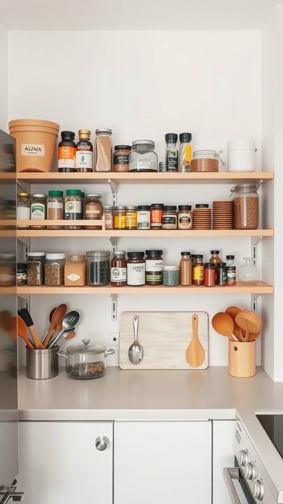 A small kitchen with wooden shelves displaying various jars, spices, and utensils.
