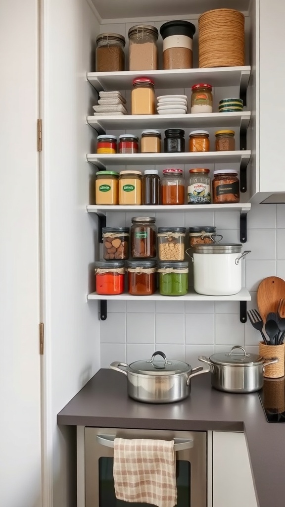 A small kitchen with shelves displaying jars, spices, and utensils.