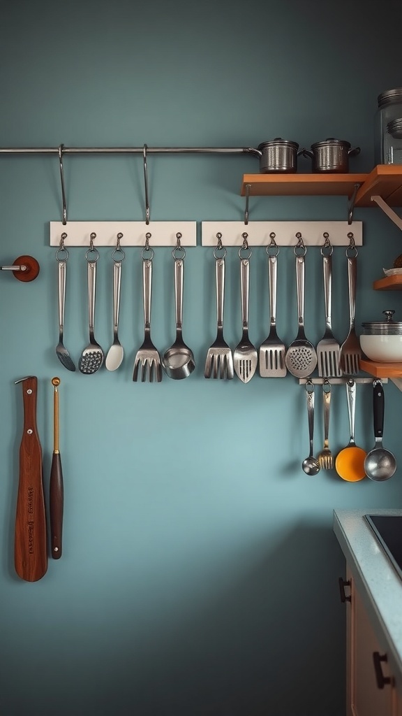 A wall-mounted rack displaying various kitchen utensils and pots against a blue wall.