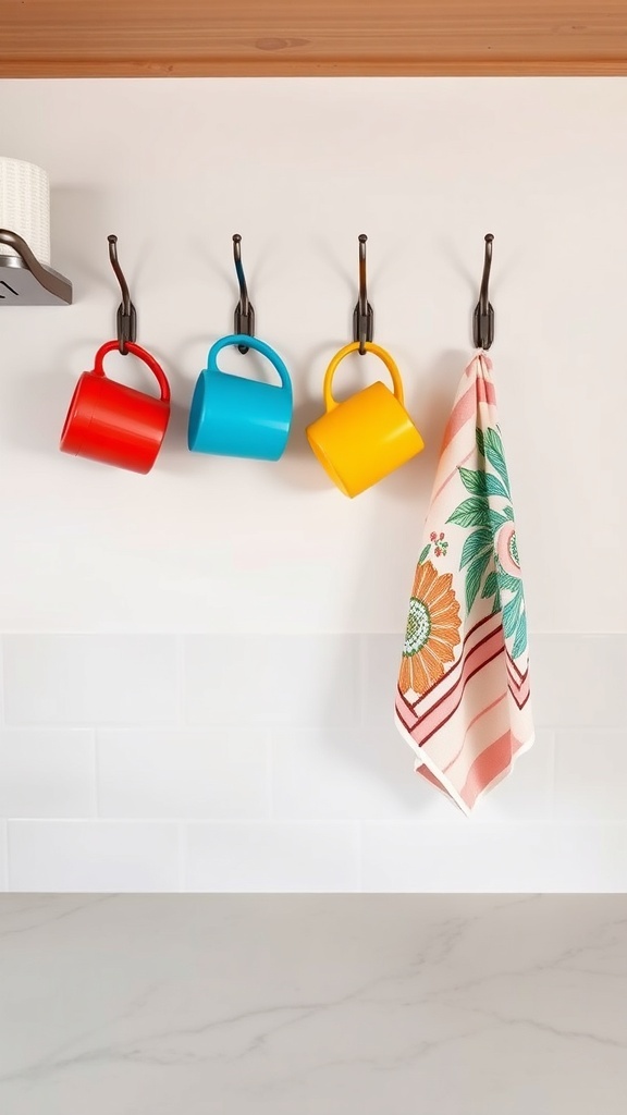 Colorful mugs and a towel hanging on wall hooks in a kitchen.