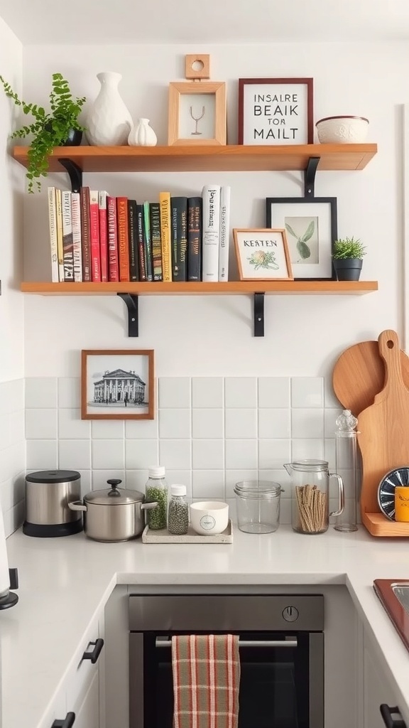 A small kitchen with open shelves displaying colorful cookbooks, plants, and decorative items.