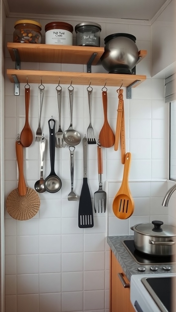 A small kitchen wall with wooden shelves and hanging cooking utensils.