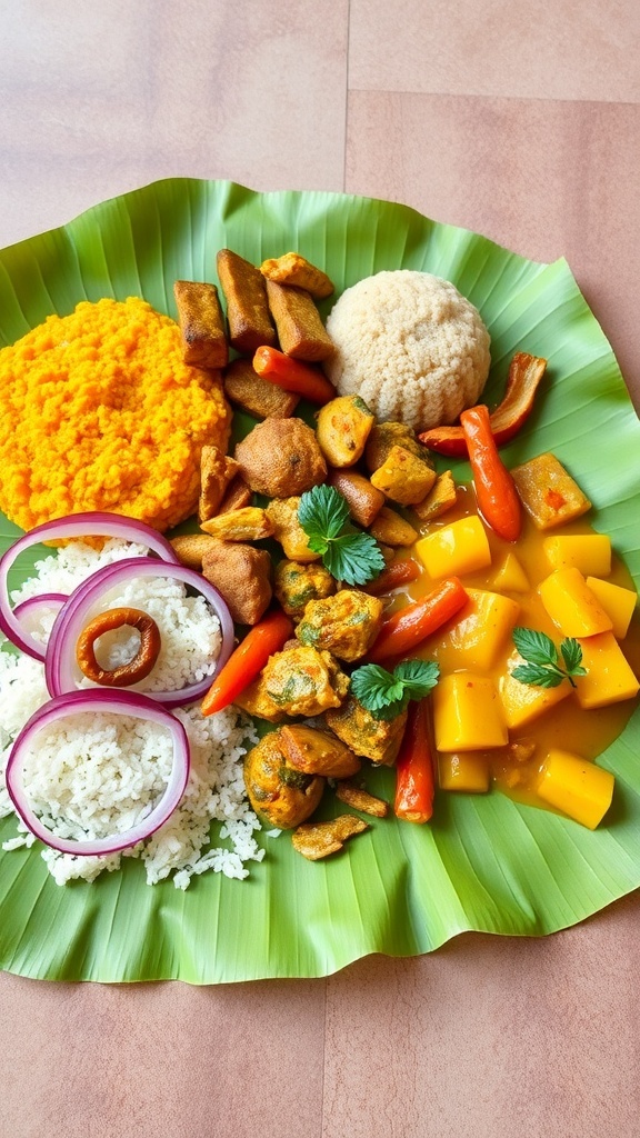 A traditional South Indian vegetarian meal served on a banana leaf, featuring rice, sambar, and various vegetable dishes.