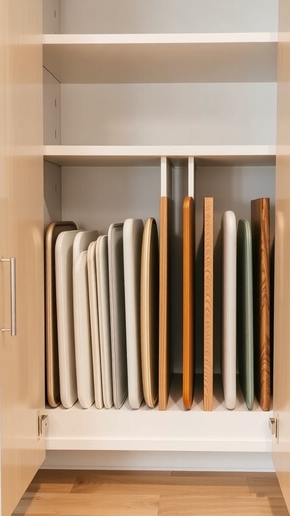 Organized corner kitchen cabinet with vertical dividers for baking sheets.