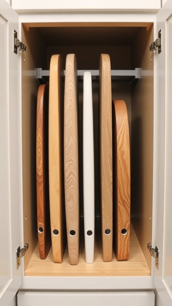 Vertical dividers organizing cutting boards in a kitchen cabinet.