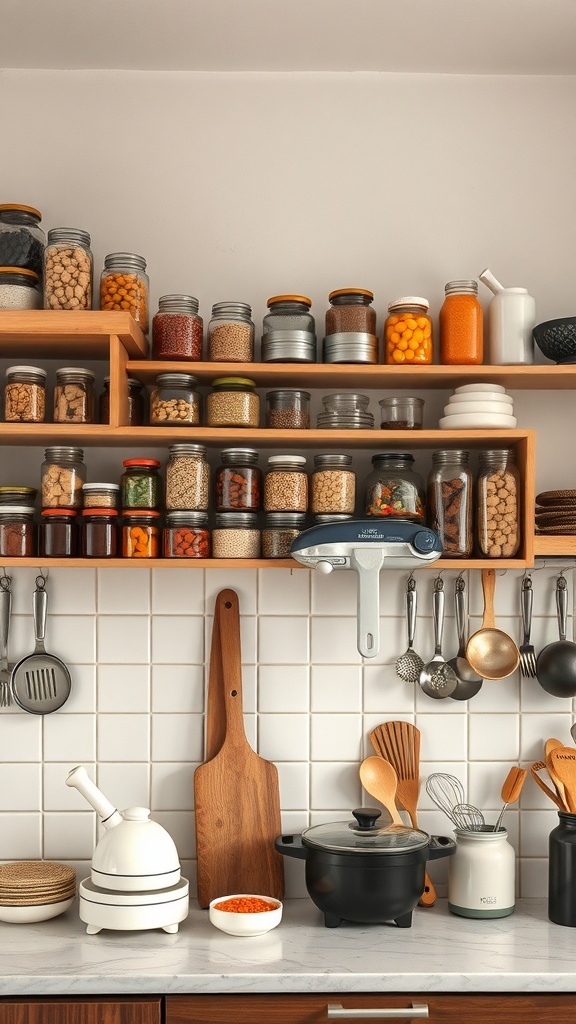 A well-organized kitchen with jars on shelves and utensils hanging on the wall.