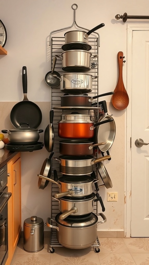 Vertical storage rack displaying various pots and pans in an organized manner.