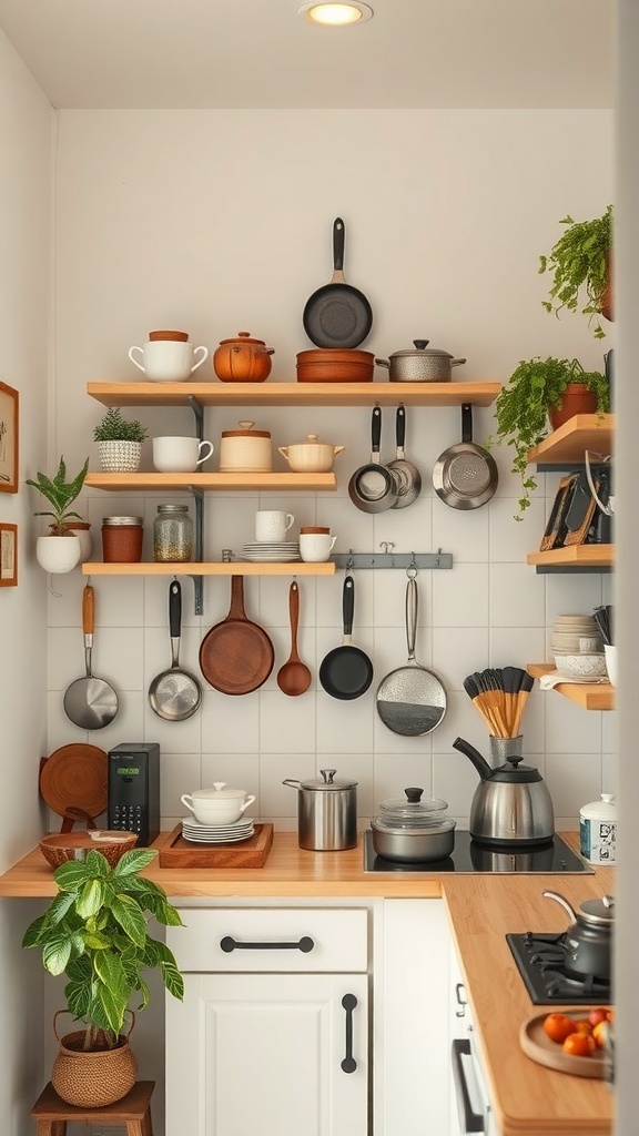 A small kitchen with open shelves displaying pots, pans, and plants.