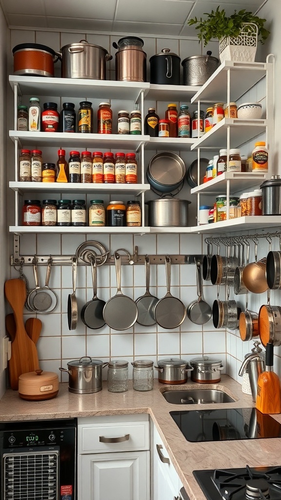 A small kitchen with vertical storage solutions, including shelves for spices and hooks for pots and pans.