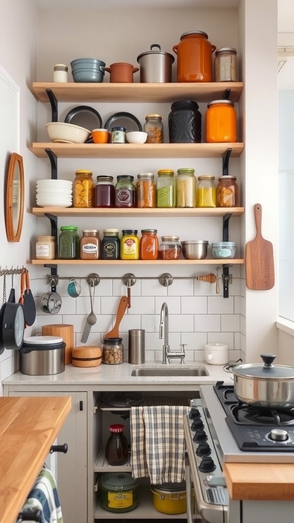 A small kitchen with open shelves displaying jars, bowls, and pots for vertical storage.