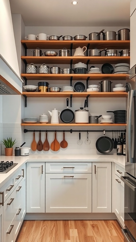 A modern kitchen with open shelves displaying various cookware and utensils.
