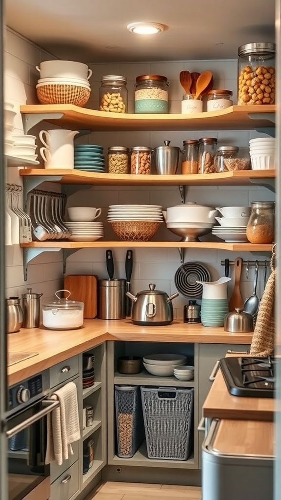 A well-organized tiny kitchen with vertical shelves holding various kitchen items.