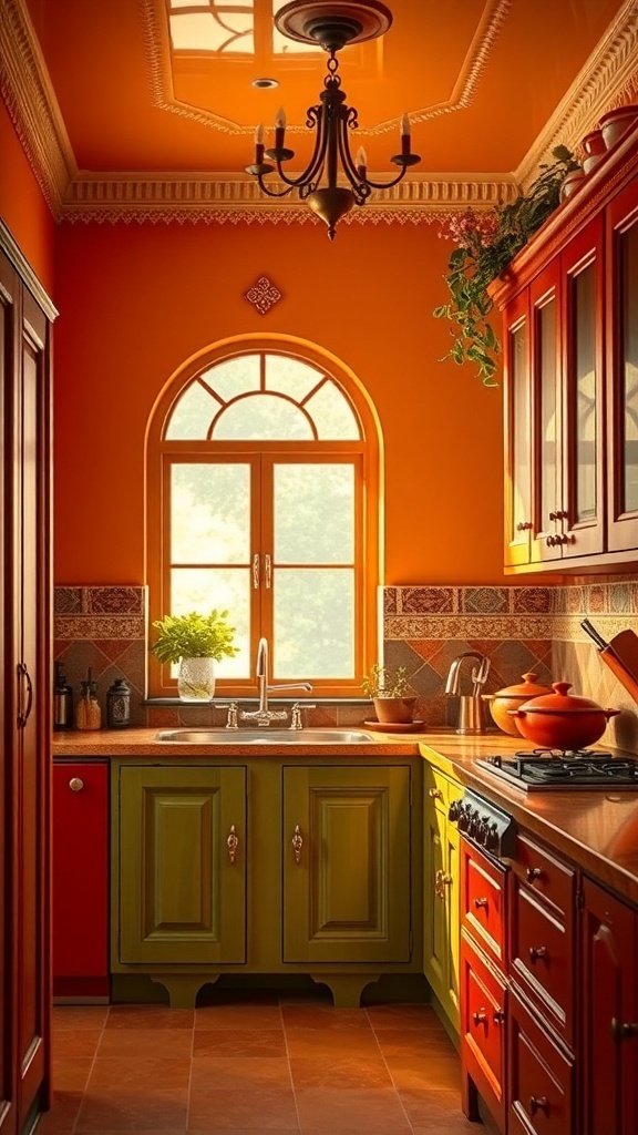 A vibrant Indian kitchen with orange walls and colorful cabinets.