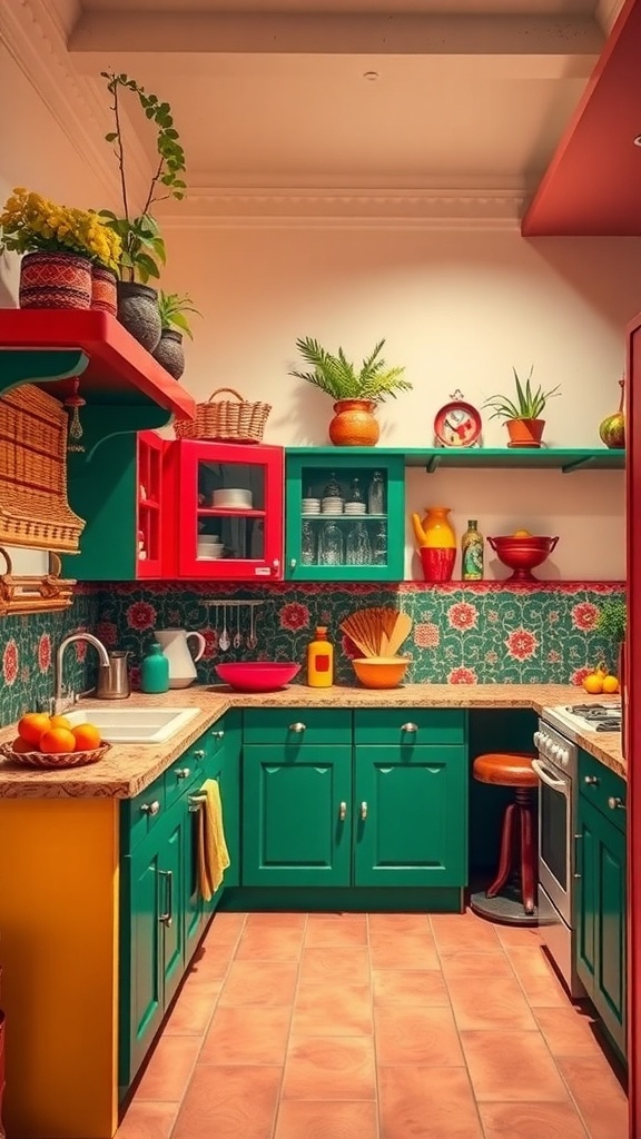 A vibrant Indian-style kitchen featuring bright green, red, and yellow cabinets with decorative elements.