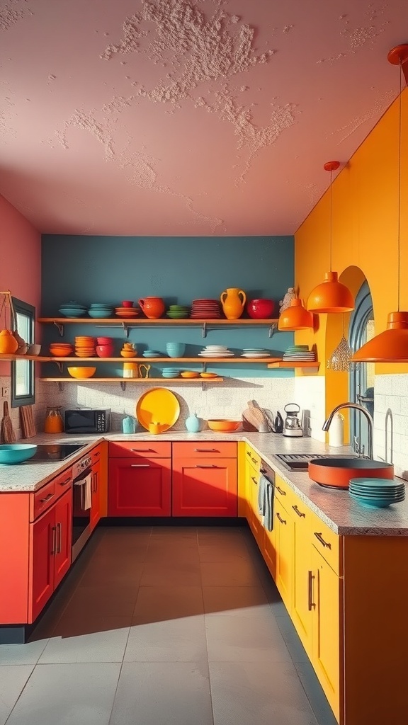 A colorful open kitchen featuring red, yellow, and blue cabinets with vibrant dishware.