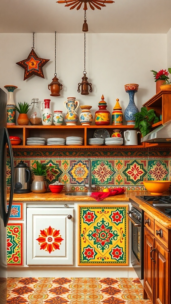 A colorful Indian kitchen featuring vibrant tiles, decorative pots, and a warm wooden design.