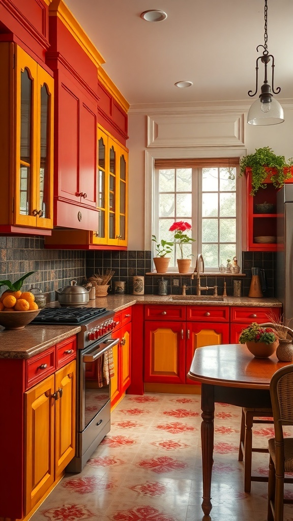 A colorful Indian-style kitchen with red and yellow cabinets and a cozy dining area.