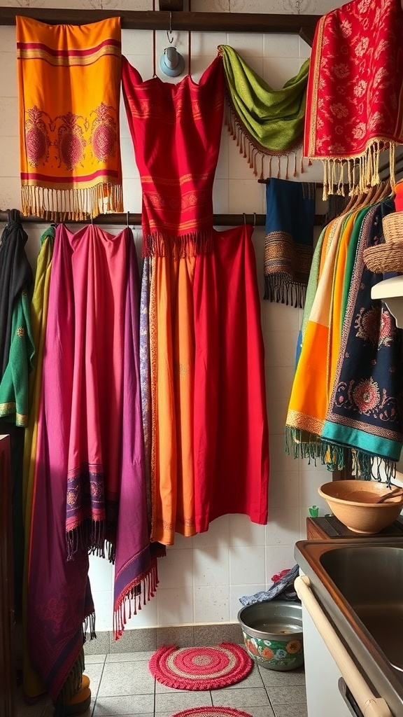 Colorful textiles and draperies in an Indian kitchen, showcasing vibrant fabrics hanging on a rack.