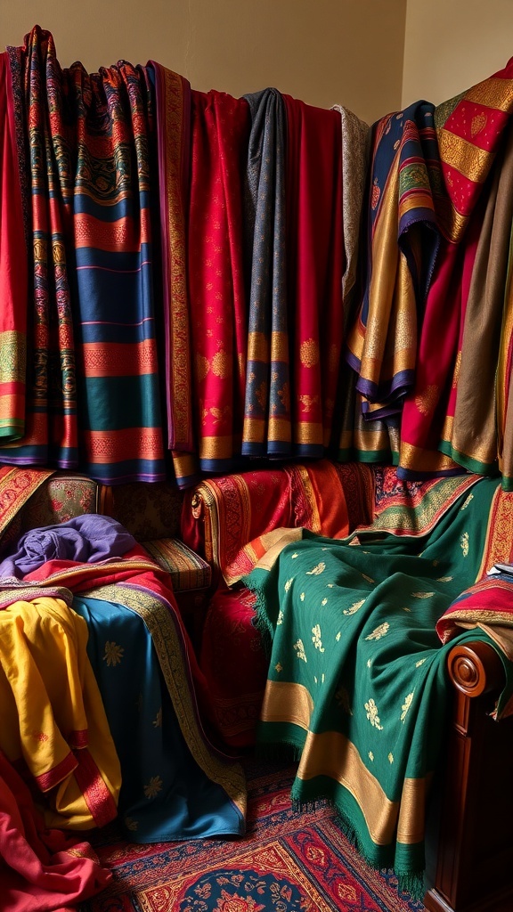 A collection of vibrant Indian textiles draped over furniture, showcasing a mix of colors and patterns.