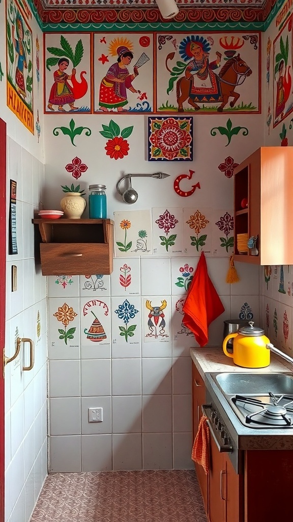 Colorful Indian wall art in a small kitchen, showcasing traditional motifs and designs.