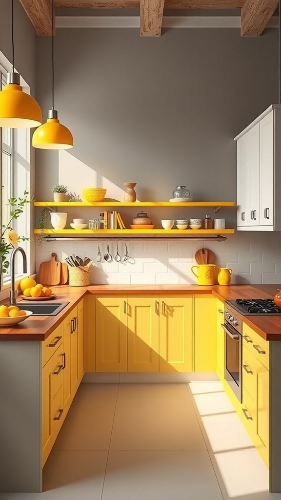 A kitchen featuring vibrant yellow cabinets and grey walls, with wooden accents and bright lighting.