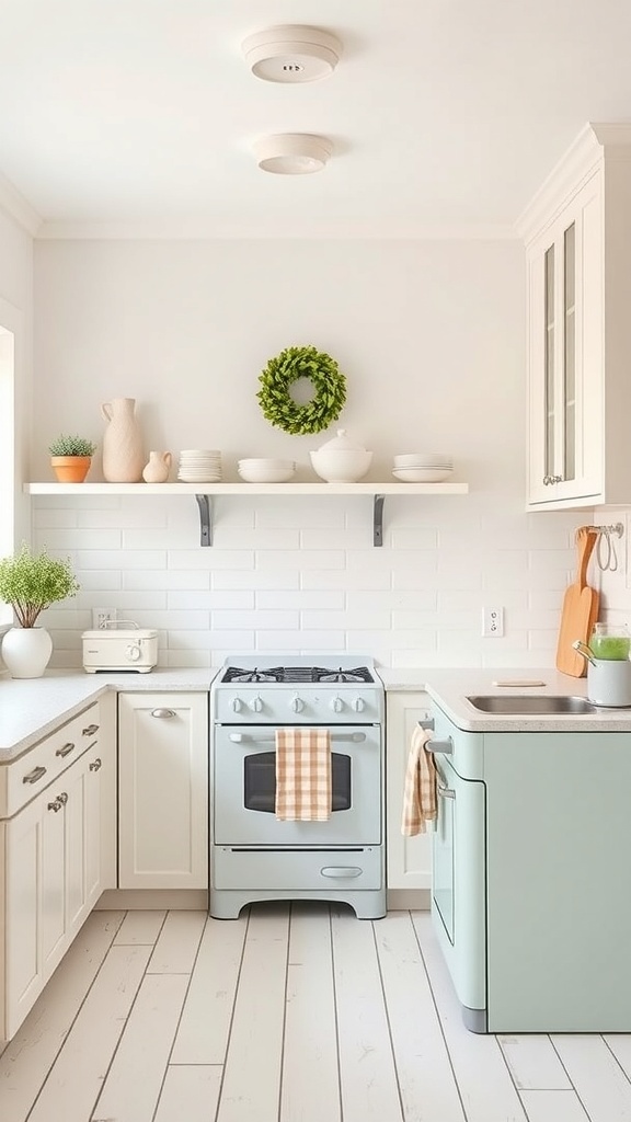 A vintage-inspired kitchen featuring a pastel-colored stove and retro appliances.
