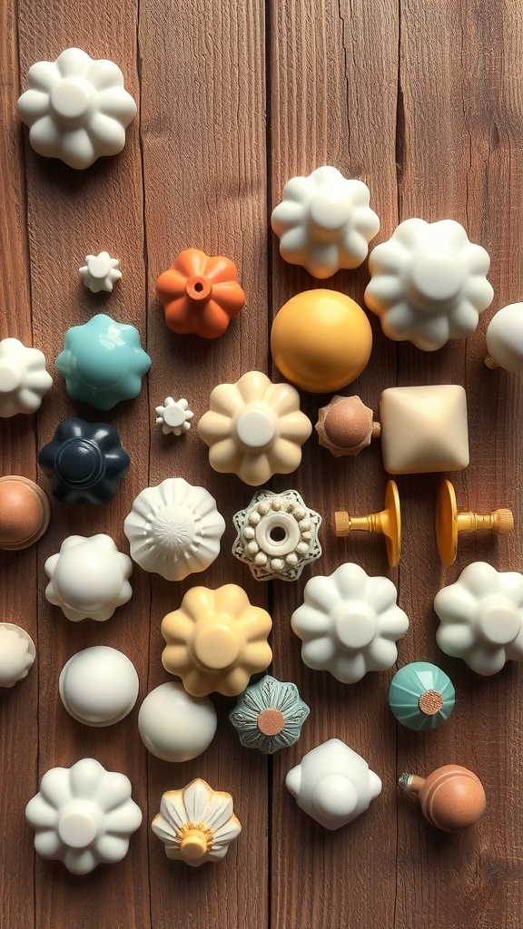 A collection of vintage-inspired ceramic knobs in various colors and designs on a wooden surface.