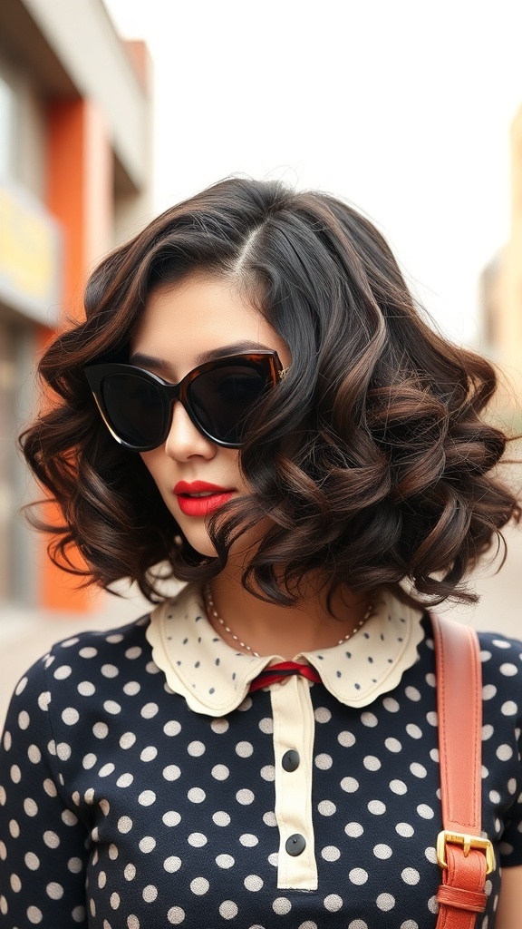 A woman with a vintage-inspired curly bob hairstyle, wearing oversized sunglasses and a polka dot top.