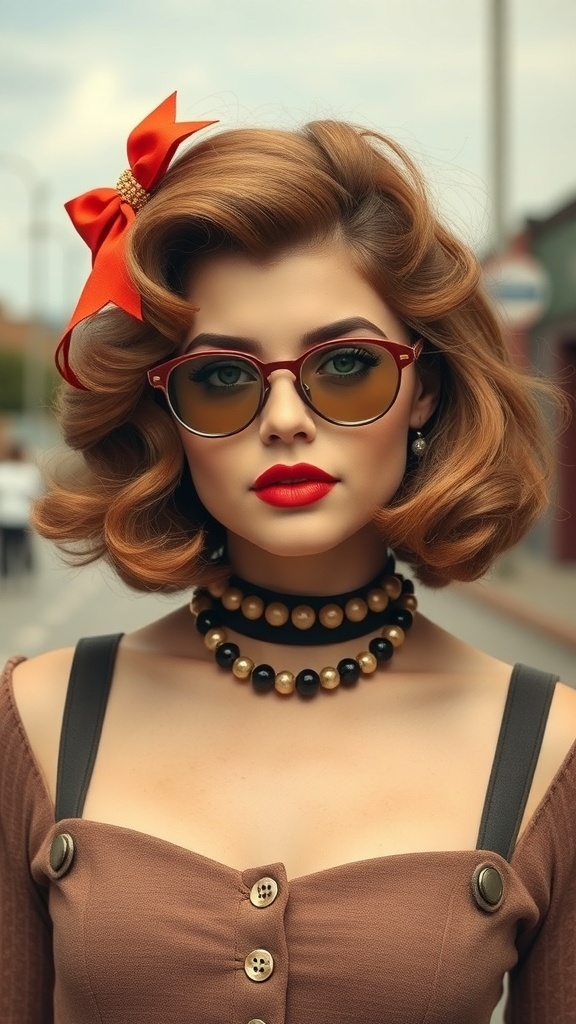 A woman with a vintage-inspired curly bob hairstyle, wearing sunglasses and a red bow, showcasing a retro look.
