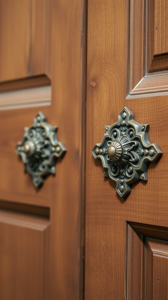 Close-up of vintage-inspired cabinet hardware on wooden doors.