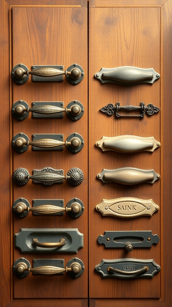 A variety of vintage-inspired kitchen cabinet door handles displayed on wooden cabinet doors.