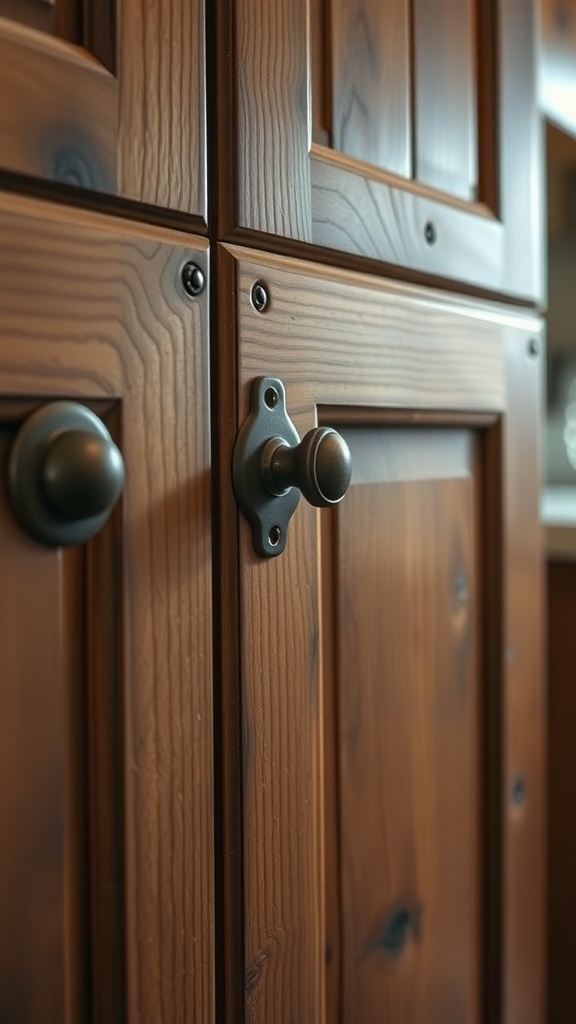 Close-up of vintage-inspired kitchen cabinet knobs and pulls on wooden cabinets.