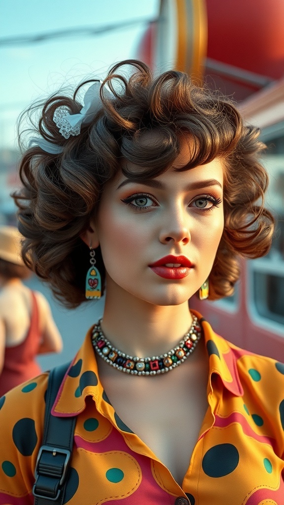 A woman with vintage 70s curly hairstyle, wearing a colorful polka dot shirt and accessories.