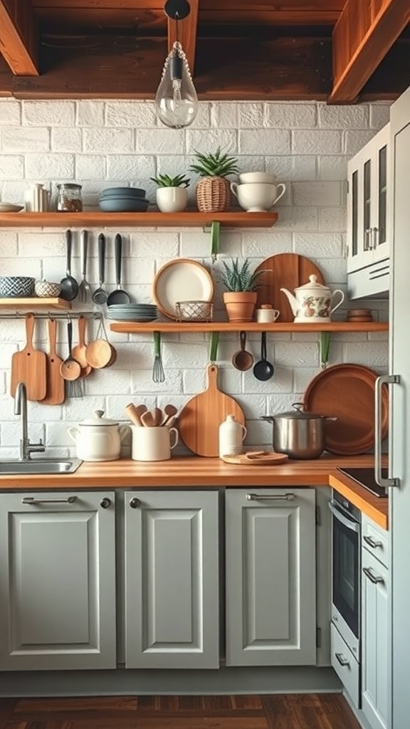 A cozy modern rustic kitchen featuring vintage accent pieces like wooden cutting boards and ceramic dishes.