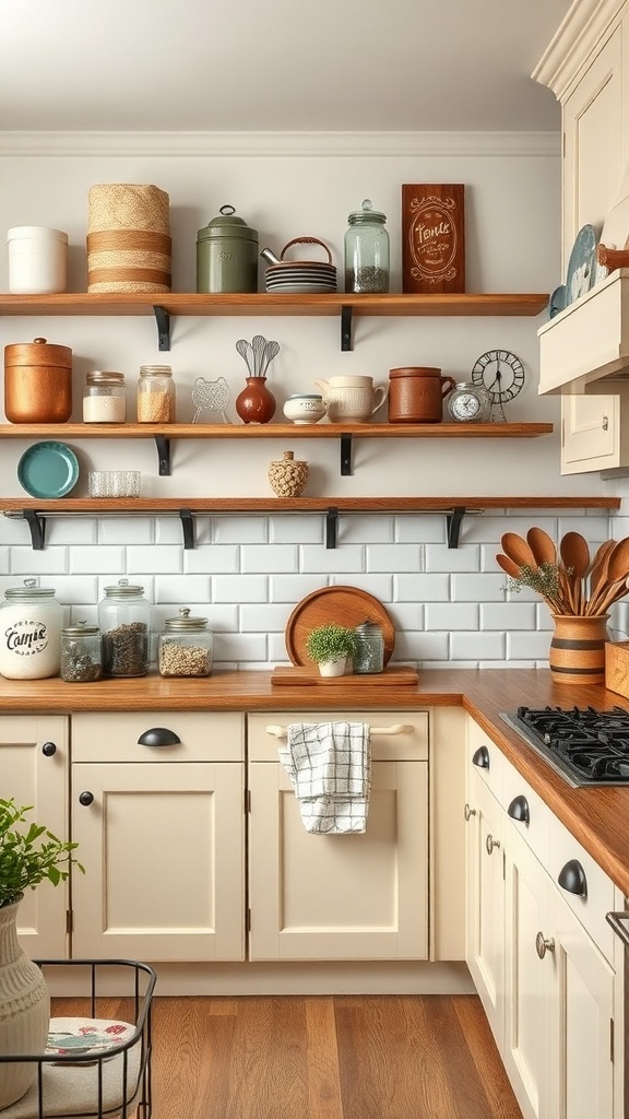 A contemporary farmhouse kitchen with vintage accents, featuring open shelves with jars and canisters.