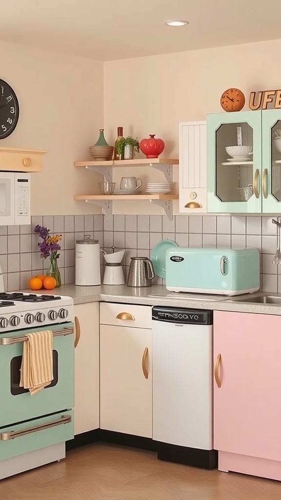 A cozy kitchen featuring vintage appliances in pastel colors.