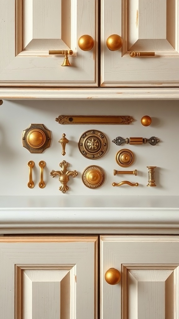 A collection of vintage brass cabinet hardware displayed on a white cabinet.