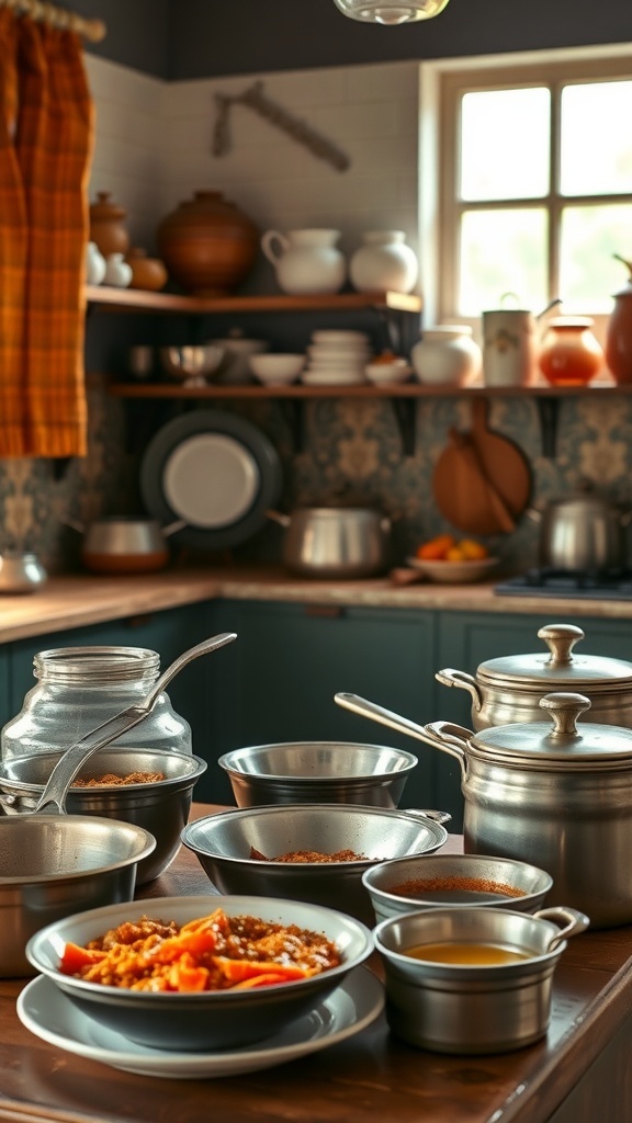 Traditional Indian kitchen with vintage cookware and serving dishes.