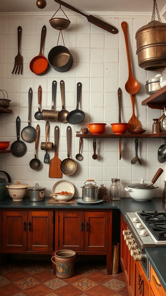 A vintage kitchen with various cookware displayed on the walls and shelves.