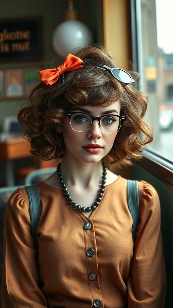 A woman with vintage curly hairstyle, wearing glasses and an orange bow, sitting by a window.