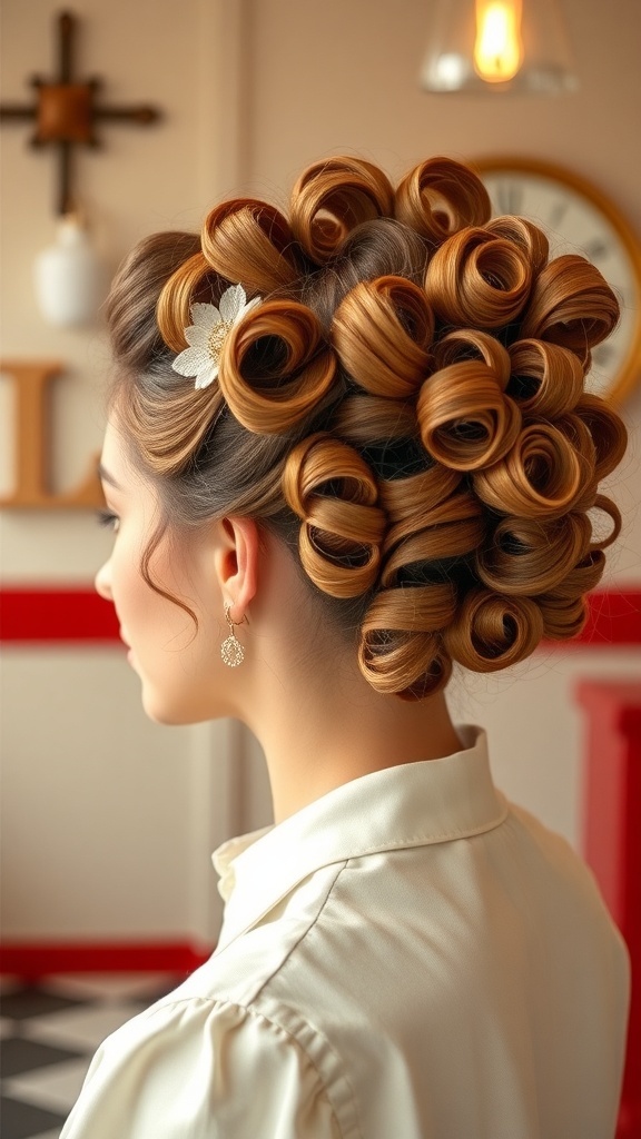 A vintage curly updo hairstyle with neatly rolled curls and a decorative hairpiece.