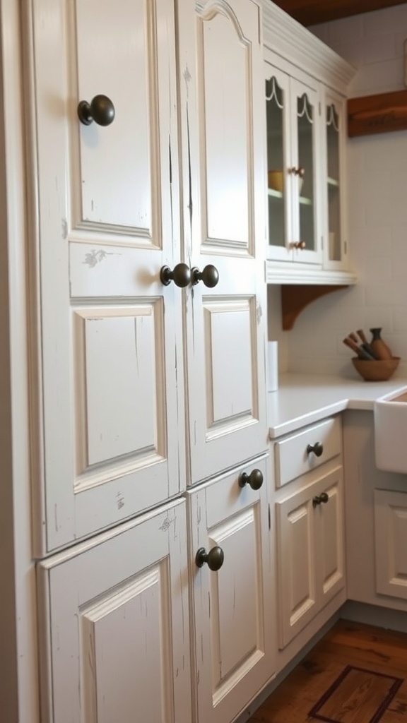 Close-up of white kitchen cabinets with vintage hardware